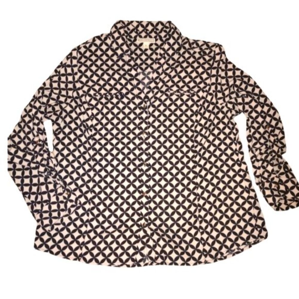 Dana Buchman Beige and Black Crisscross‎ Print Button Front Blouse Size XL